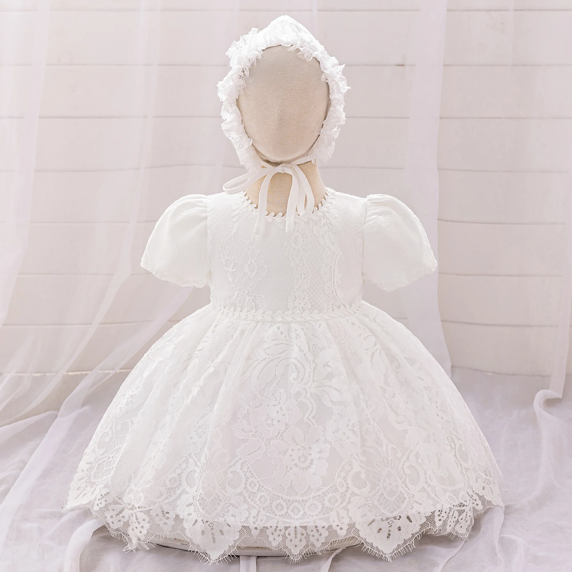 2pcs Infant White Baptism Baby Party Girls Dress Kids Tulle Flower 1st Birthday Princess Dress Bow Wedding Christening Prom Gown