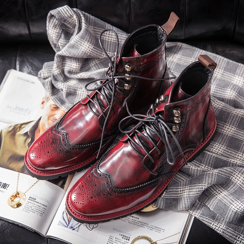 

HKDQ Большой размер 48, красные мужские кожаные ботинки в стиле ретро, ботильоны для мужчин, мотоциклетные ботинки, удобные высокие туфли-броги на шнуровке