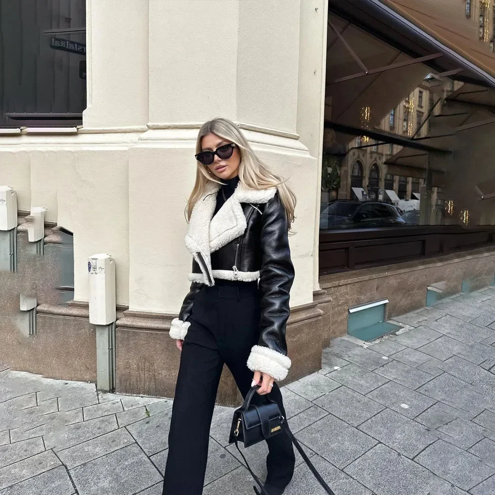 

Autumn/winter New Style European American Double-sided Loose Fit Zippered Cropped Jacket Women's Leather One-piece Jacket