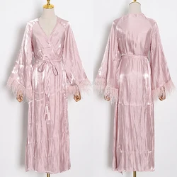 Wedding Morning Robe Female Long Nightgown With Feather Sexy Elegant Nightdress Bathrobe Casual Thin Satin Home Dress Loungewear