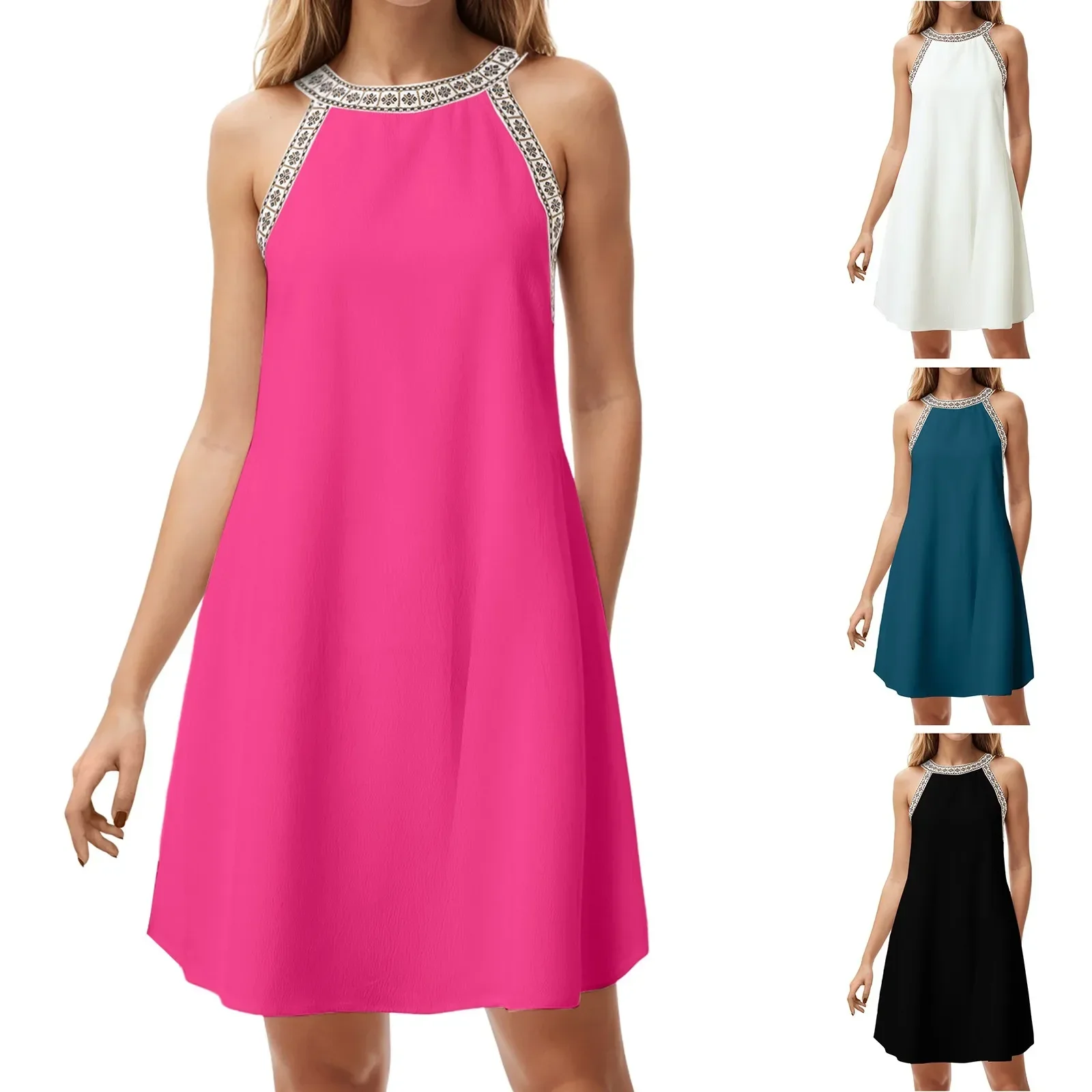 여성 루즈 비치 드레스 커버업 라운드넥 수영복 비치웨어 커버업 드레스 루즈 통기성 A라인 멜빵 드레스