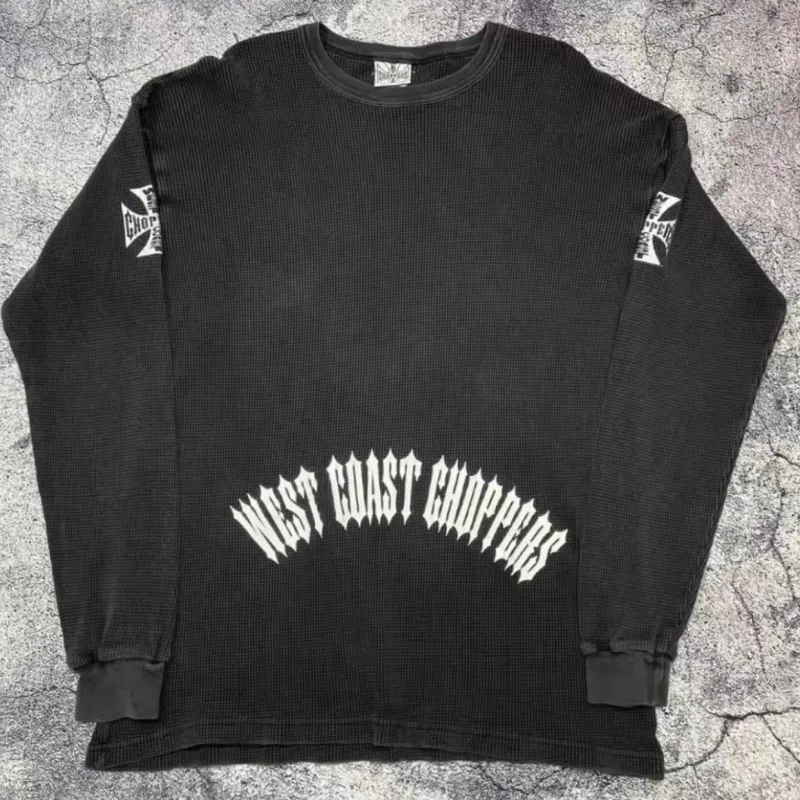 Oversize Black Pullover Waffle West Coast Choppers Long Sleeve Tshirts White Pointed Letter Print Cross Streetwear Men Women