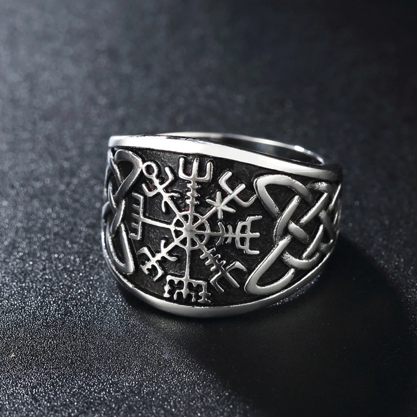 YILUOCD Norse Vikings Runes Celtic Knot Ring Vegvisir Symbol Compass Silver Ring Pagan Supernatural Talisman Jewelry