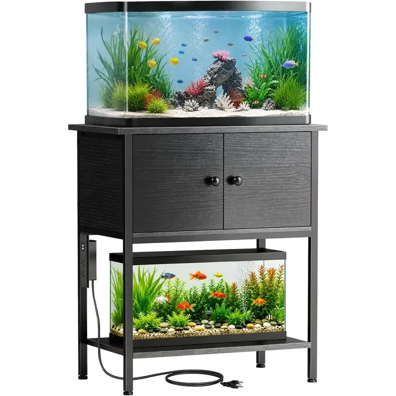 10-30 Gallon Fish Tank Stand with Power Outlets Metal Frame Aquarium Stand with Cabinet Storage Reptile Turtle Tank Stand for