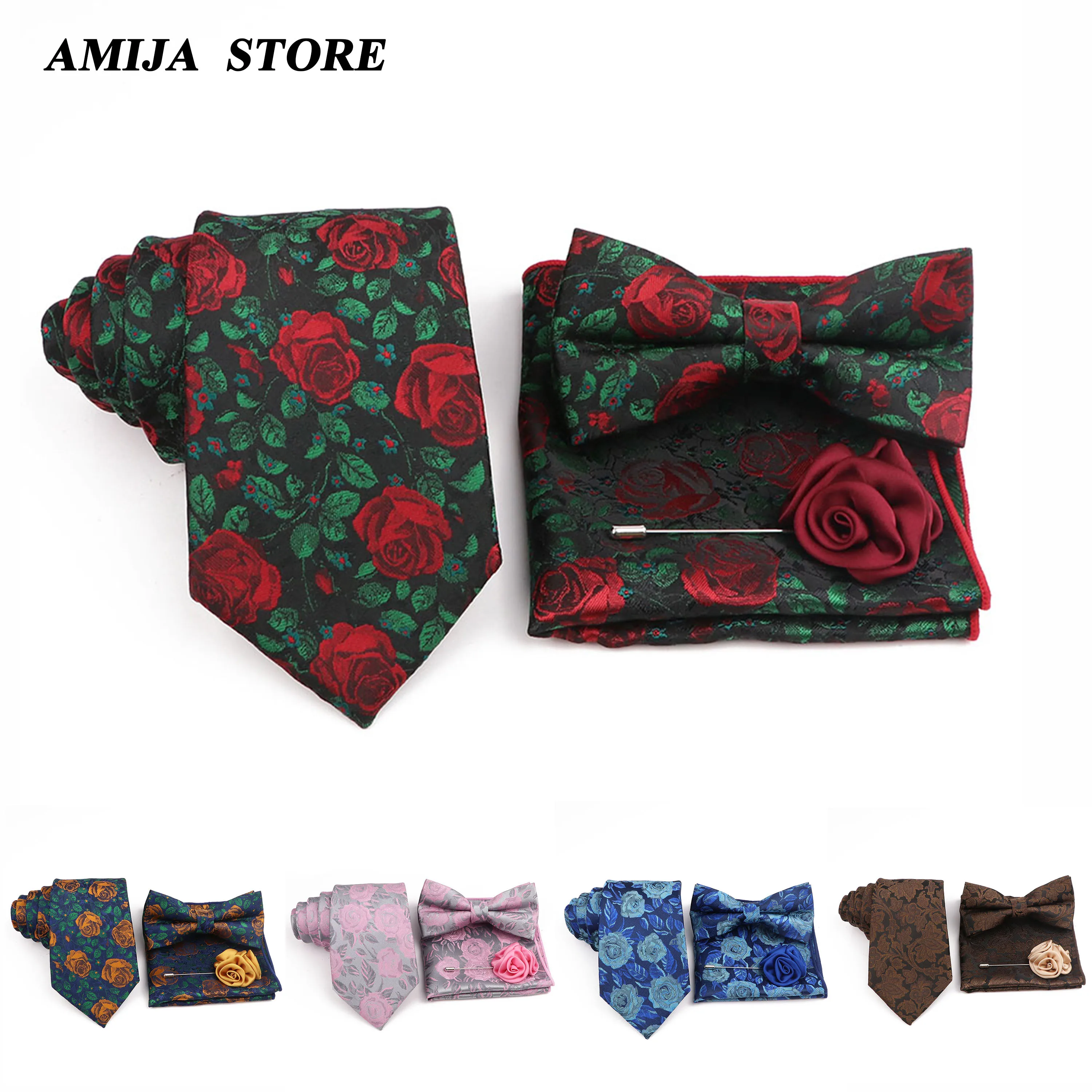 

Blue Red Rose Floral Tie Set For Men 8cm Men's Fashion Neck Tie Handkerchief Brooch Set Business Wedding Party Tie Gift For Men