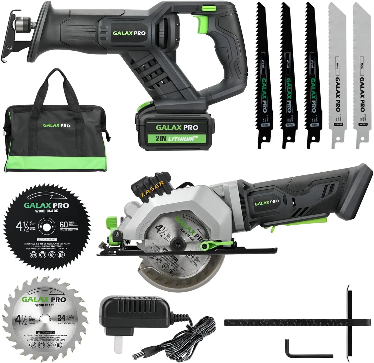 GALAX PRO Circular Saw and Reciprocating Saw Combo Kit with 1pcs 4.0Ah Lithium Battery and One Charger,7 Saw Blades and Tool Bag