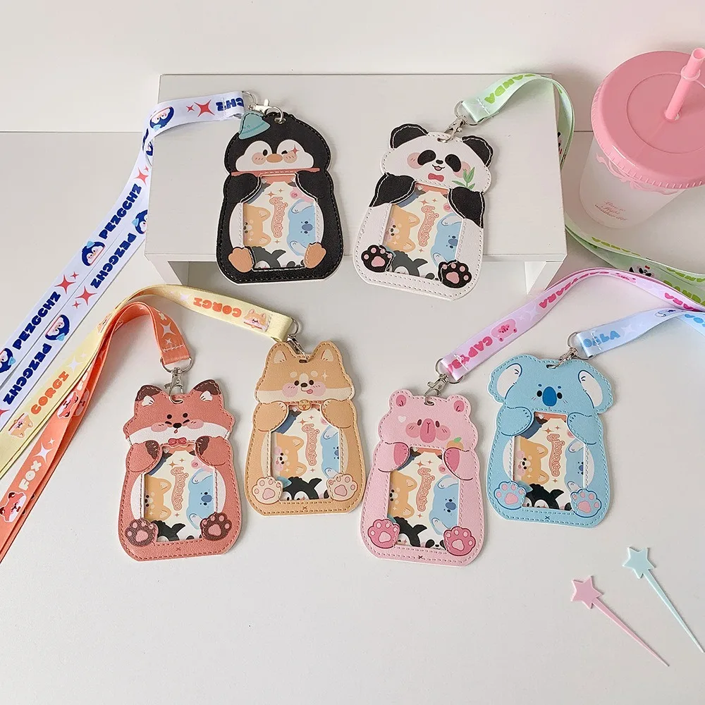 Nuovo porta carte per animali dei cartoni animati con porta badge con cordino Portafoto Porta carte per autobus per bambini in pelle PU impermeabile