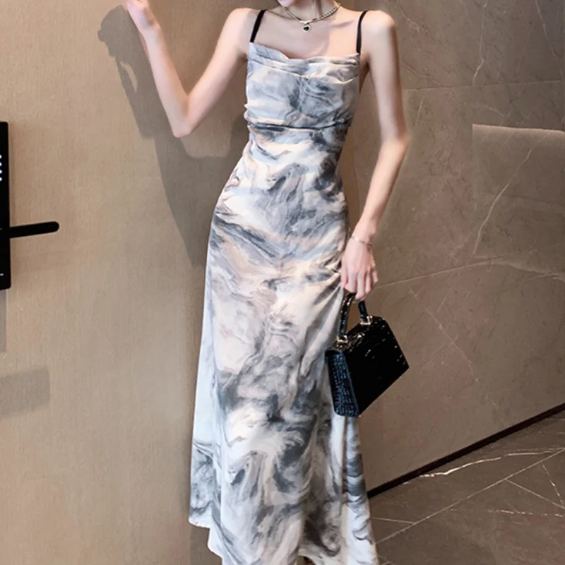 HOUZHOU Sexy Maxi Dress Vintage Elegant Print Aesthetic Chinese Style Gentle Backless Bandage Fashion Summer Slim Long Dresses