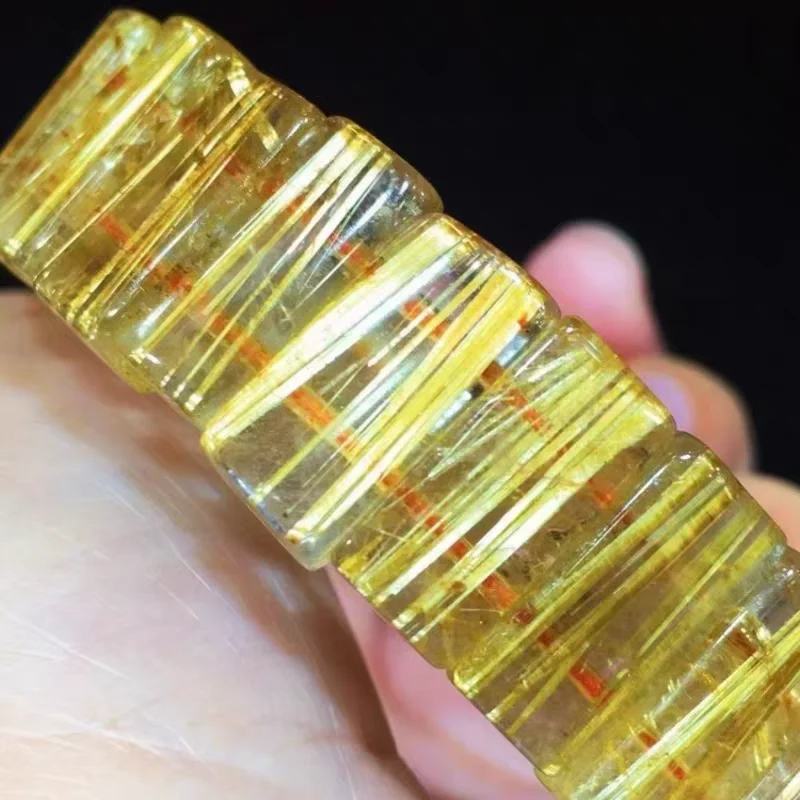 Natural Gold Rutilated Quartz Bracelet Clear Rectangle Beads 18x7mm Wealthy Yellow Rutilated Brazil AAAAA