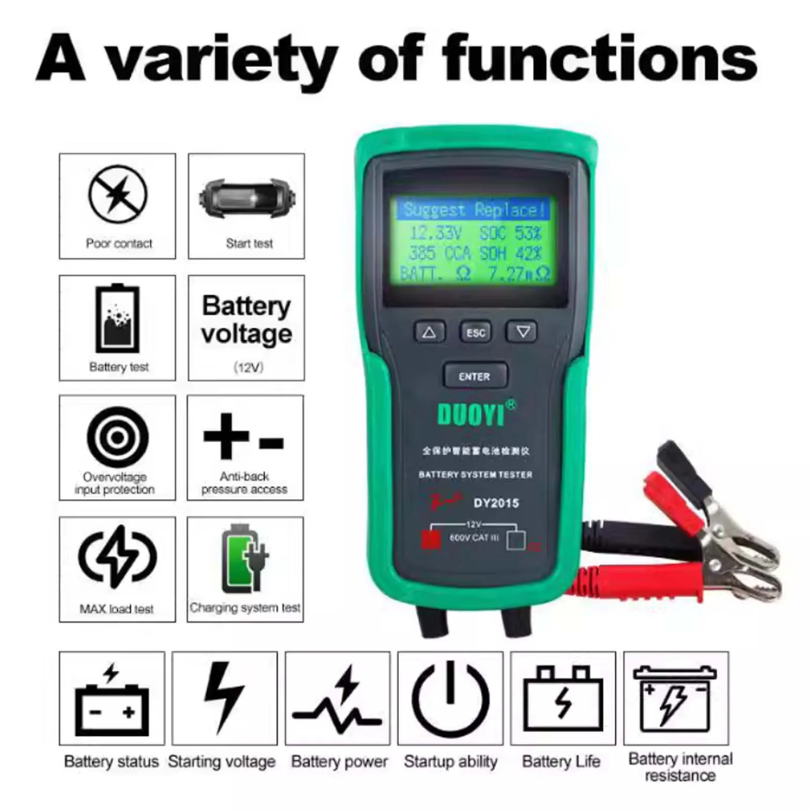 12V/24V Auto Battery Load Tester, 100-1700CCA Load Tester Automotive Alternator Tester Digital Battery Analyzer