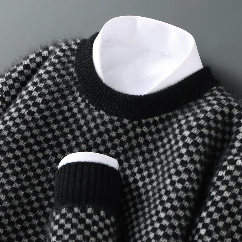 

100% Merino Wool Thickening Sweater for Men O-neck Color Spot Matching Pullover Autumn Winter Knitwear Top Cashmere Clothing