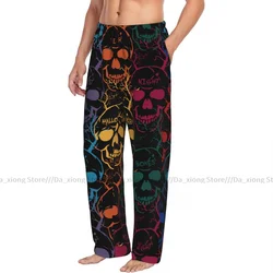 Mens Casual Pajama Long Pant Loose Elastic Waistband Halloween Colorful Skulls Cozy Sleepwear Home Lounge Pants