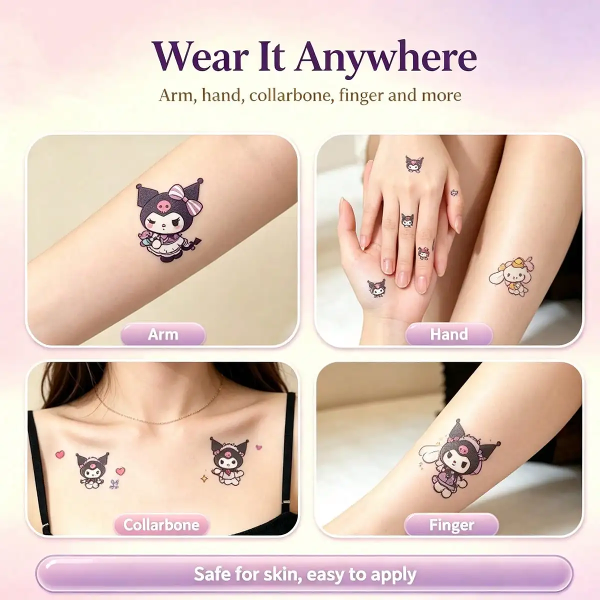 Sanrio Kuromi Temporary Tattoo Sticker Set Waterproof, Long-Lasting cartoon Designs, Perfect for Parties for Girls and Teens.