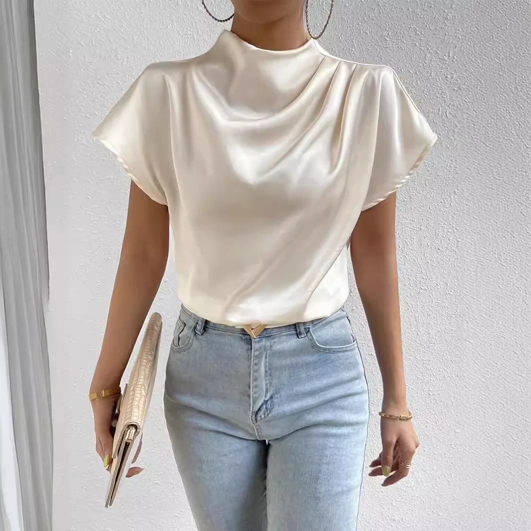 2024 Summer Fashion New Solid Half Turtle Neck T-Shirt Women Elegant Bat Sleeve Pullover Top Office Lady Loose Casual Shirt