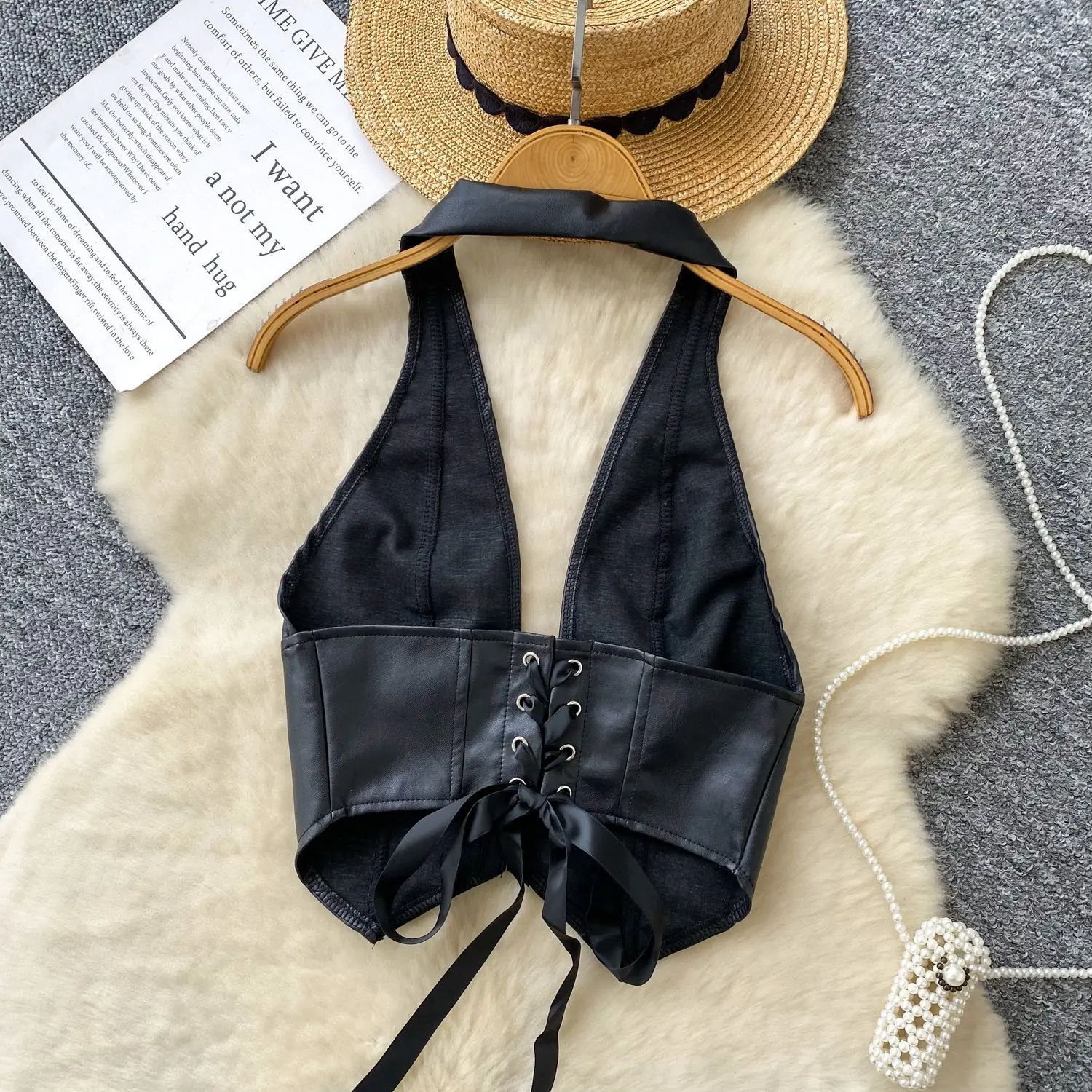 

Halter PU Leather Vintage Top Women Deep V Neck Sleeveless Short Camisole Fashion Backless Lingerie Sexy Club Tank Top