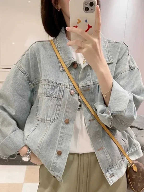 

Retro Hong Kong Sle Casual Light Blue Denim Jaet Women's ort Slimming Workwear irt Spring Autumn New Arrival