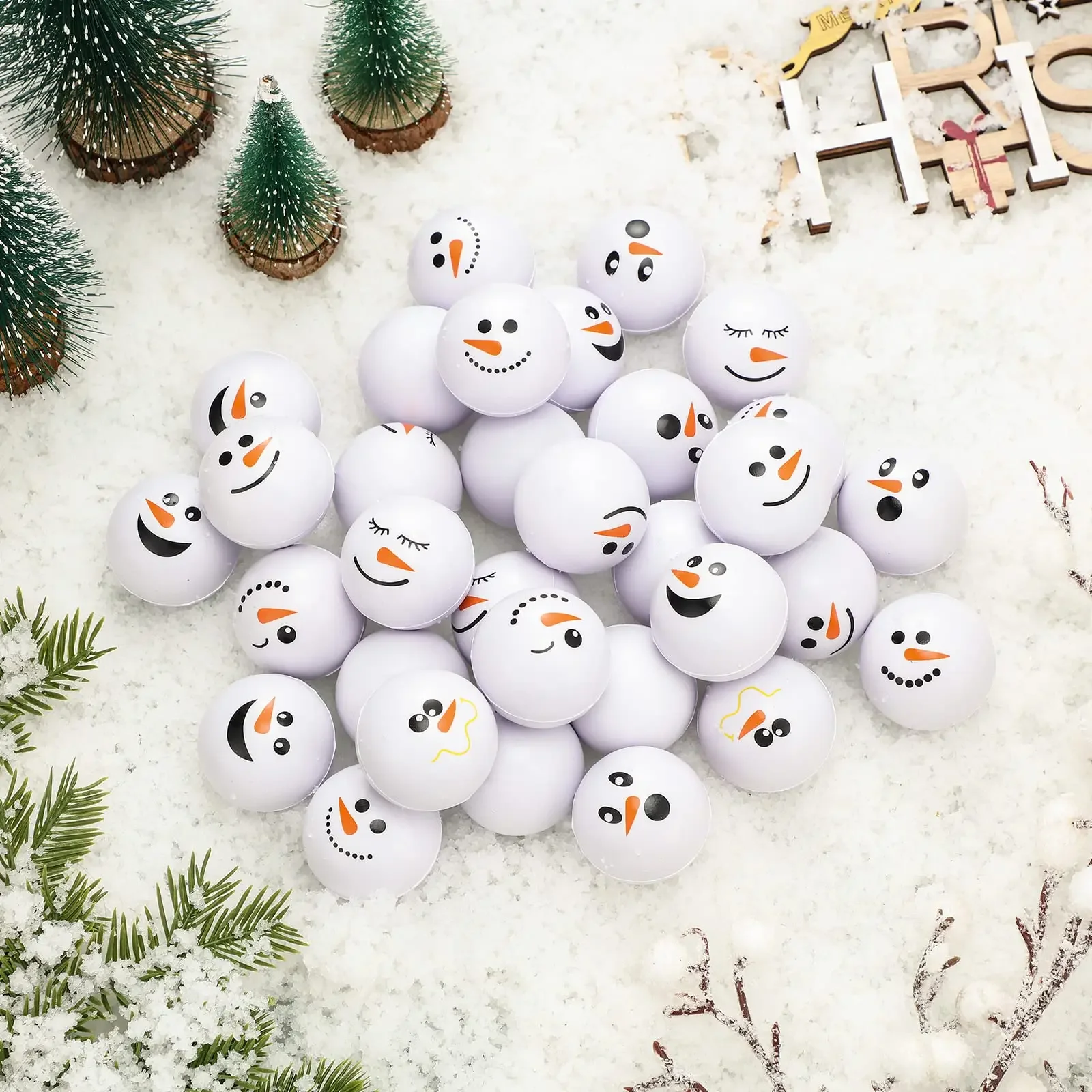 36/72/96 Pcs Christmas Stress Balls Snowmen Stress Toys 1.6Inch Snowball Stress Toy Small Foam Snowman Face Snowballs for Decor