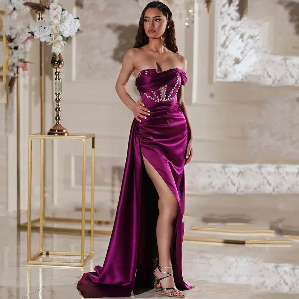 

Sexy Sweetheart Strapless Evening Dresses Mermaid Ruched Women Party Prom Gown With High Slit فساتين للحفلات الراقصة Exquisite