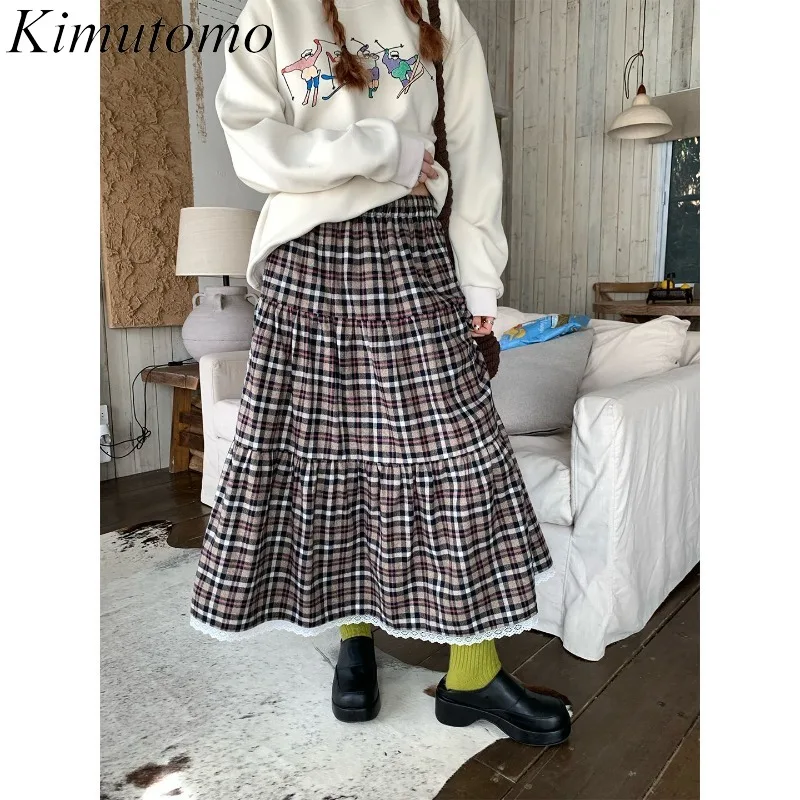 

Kimutomo Women Skirts Vintage Plaid Lace Patchwork 2025 Autumn Fashion Stretch High Waist Long Skirt Sweet Ladies Casual