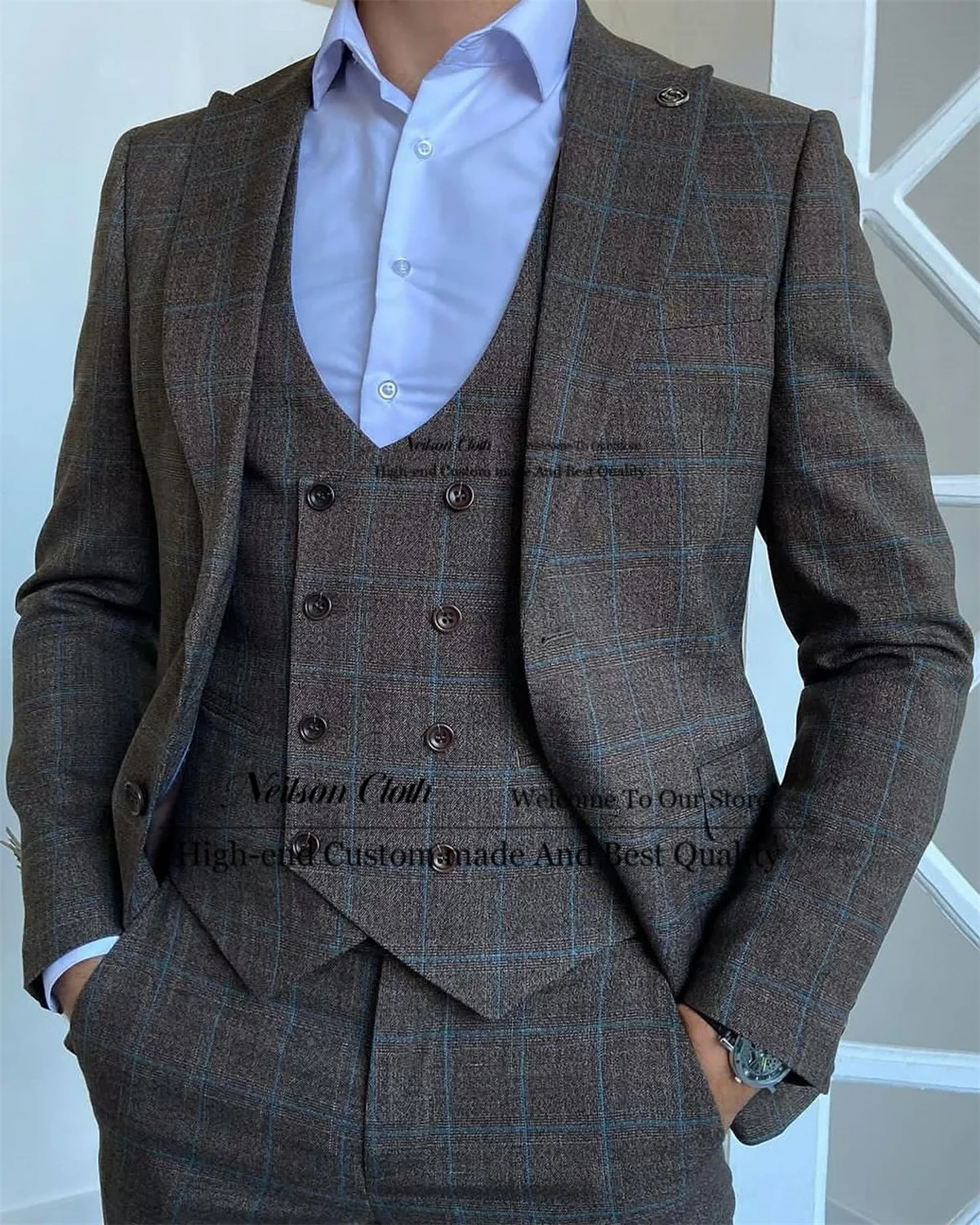 

Formal Dark Gray Plaid Male Prom Blazers 3 Pcs Sets Peaked Lapel Groom Wedding Tuxedos For Men Slim Fit Business Terno Masculino