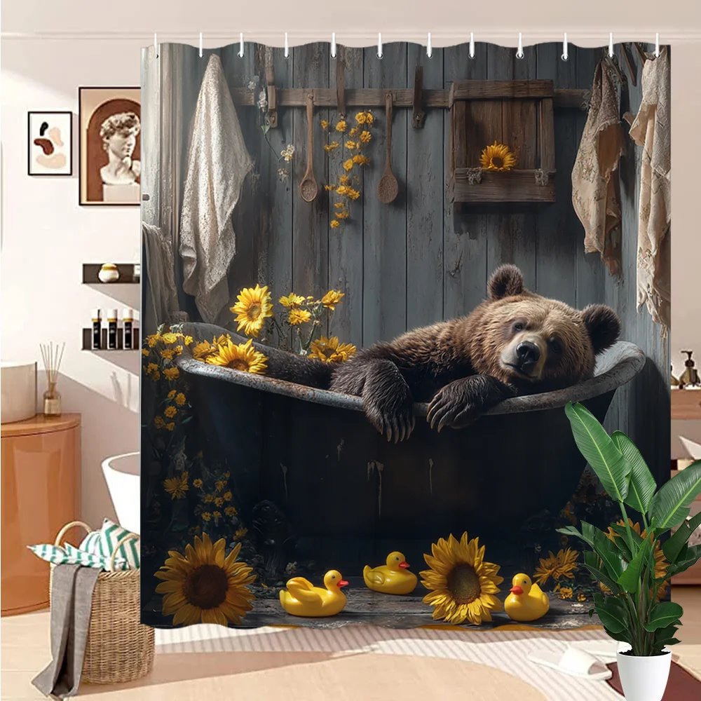 

Brown Bear in Bathtub Shower Curtain Sunflower Digital Art Relaxing Animal Vintage Tub Funny Sunny Bathroom Decor with Hooks