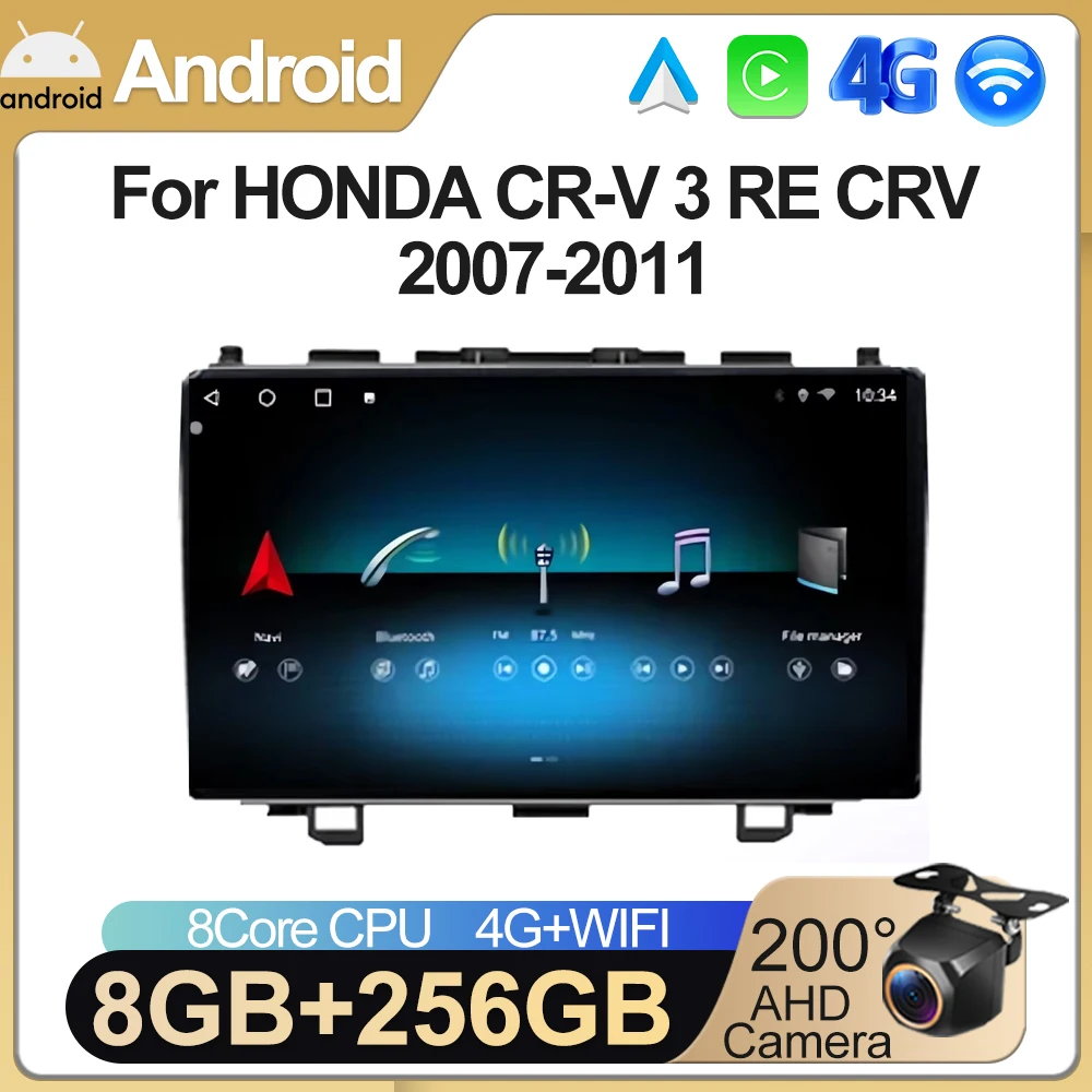 13inch Carplay Android For HONDA CR-V 3 RE CRV 2007-2011 Car Radio Video Touch QLED Screen GPS Bluetooth DSP IPS DVD WIFI BT