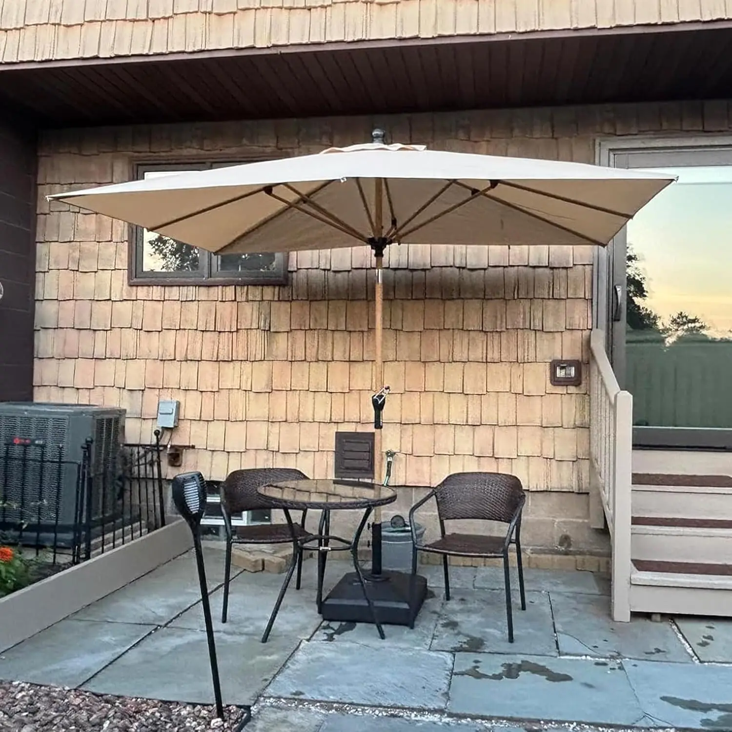 6x9ft Wood-Grain Outdoor Umbrella with Base, Wind Stable 8-Rib UV Fade Resistant Adjustable Shade Patio, Beige, Customized
