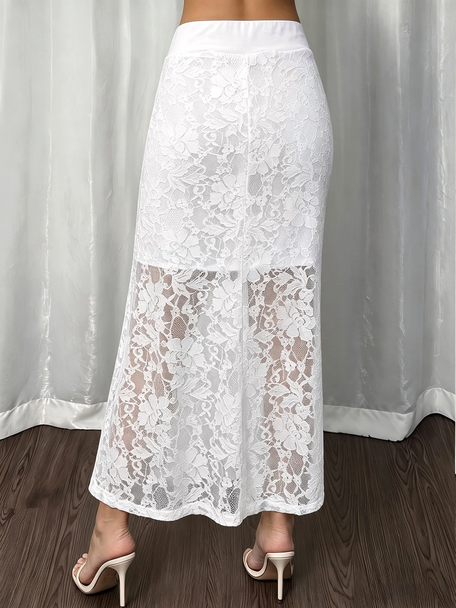 White Layered Lace Fishtail Midi Skirt Women High Waist Bodycon Sheer Bottom