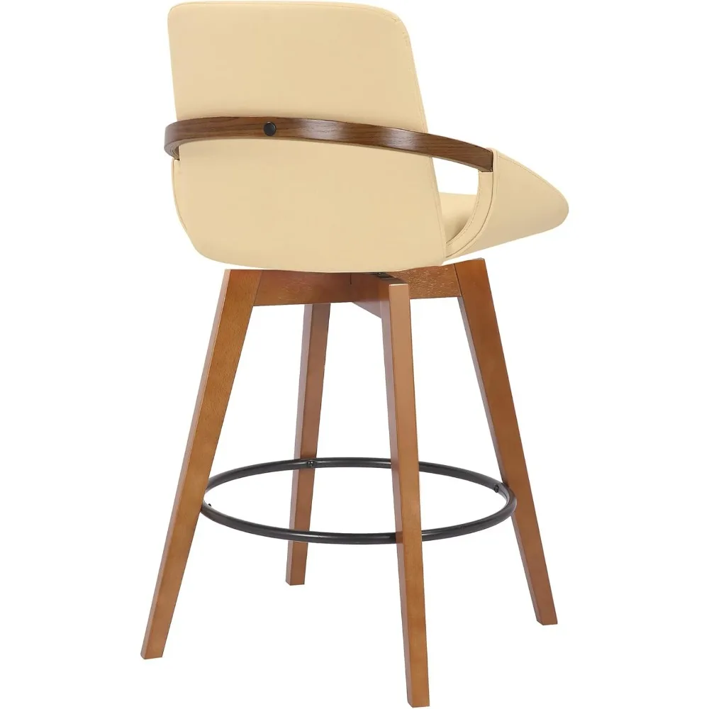 Modern Swivel Bar Stool Kitchen Island Counter Cream Faux Leather Walnut Wood 26" Height Comfortable Durable
