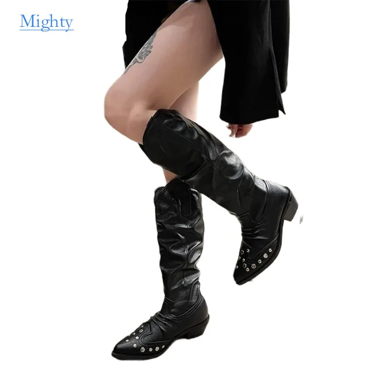 

Long Women Boots Pointy Heel Riveted Western Cowboy Autumn Winter 2024 Plus Size V-cut High Rider Women's Knee Female Shoes