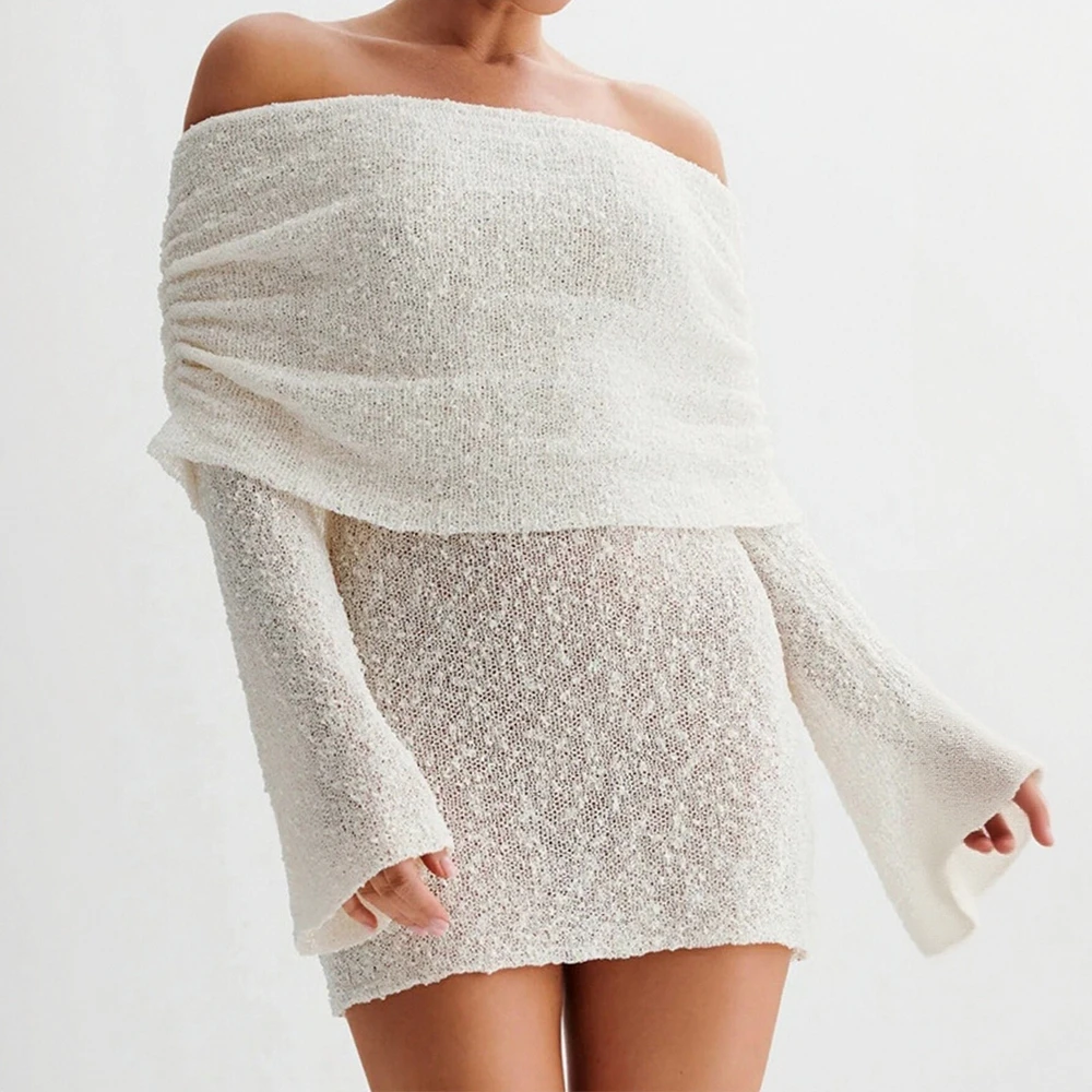 Women's Casual Long Sleeve Off-Shoulder Dress Autumn Plain Daily Regular Fit Shift Dress