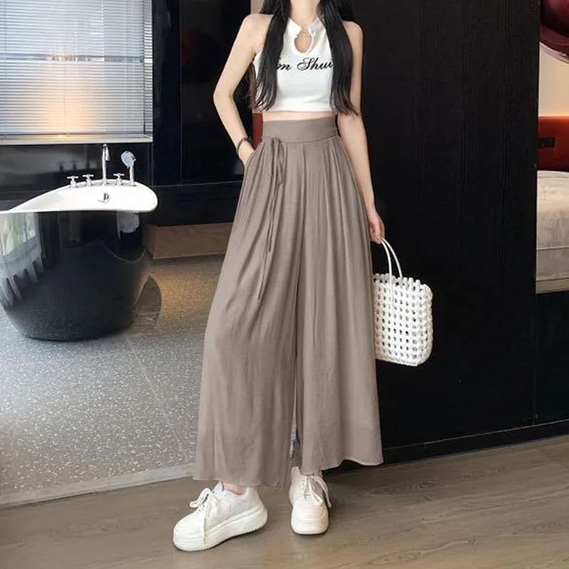 Elegant All-match Solid Lace Up Pants for Female Korean Elastic High Waist Casual Wide Leg Trousers Summer Women\'s Clothing