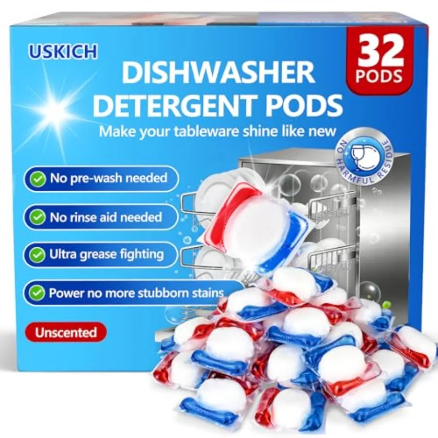 

32 Count Dishwasher Pods, No Pre-Rinse Dishwasher Detergent Soap On Stain and Grease, Leaving a Virtually Spotl Shine, Dishwash