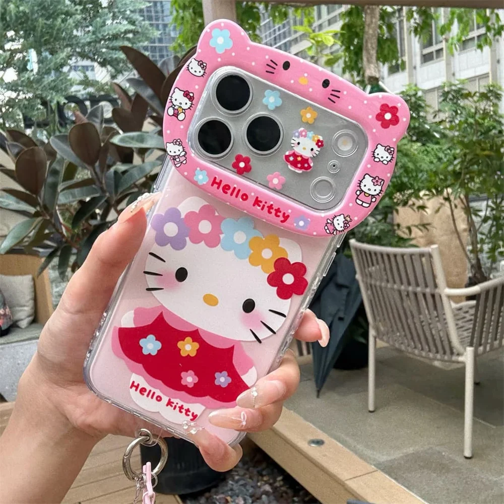 Cute Little Flowers HelloKitty 3D Bear Camera Phone Case for iPhone 17 Pro 15 14 13 16 17 16 Pro Max Cover With Chain Cases Capa view 4