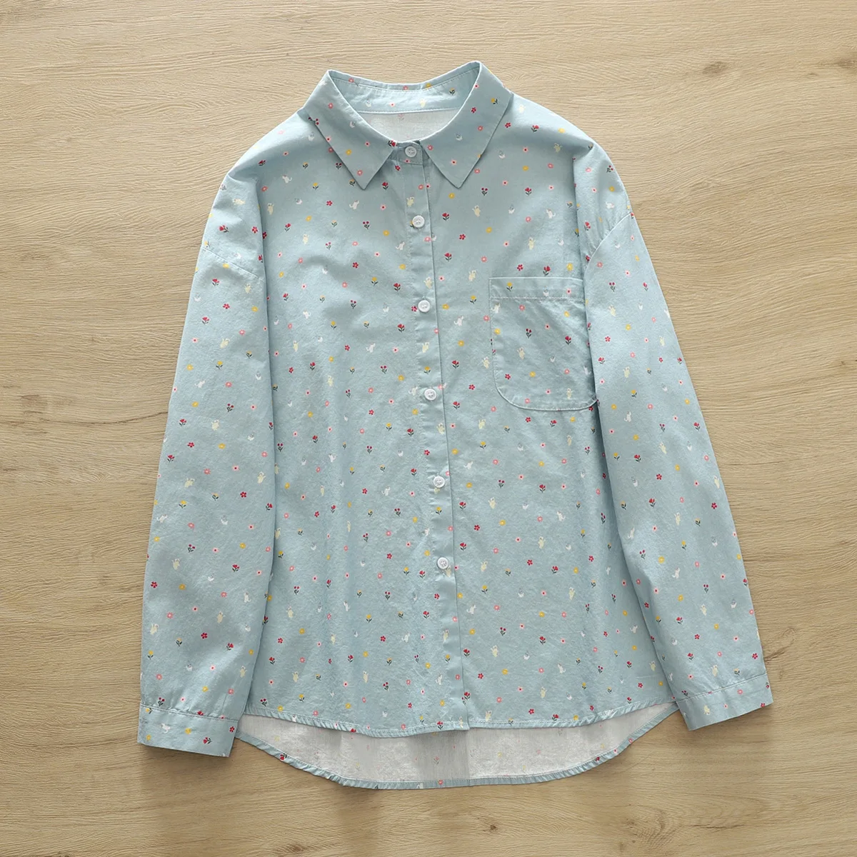 New Autumn Cotton Shirts Women Round Collar Cute Flower Print Tops Long Sleeve Pocket Loose Casual Blouses Spring T38525JM