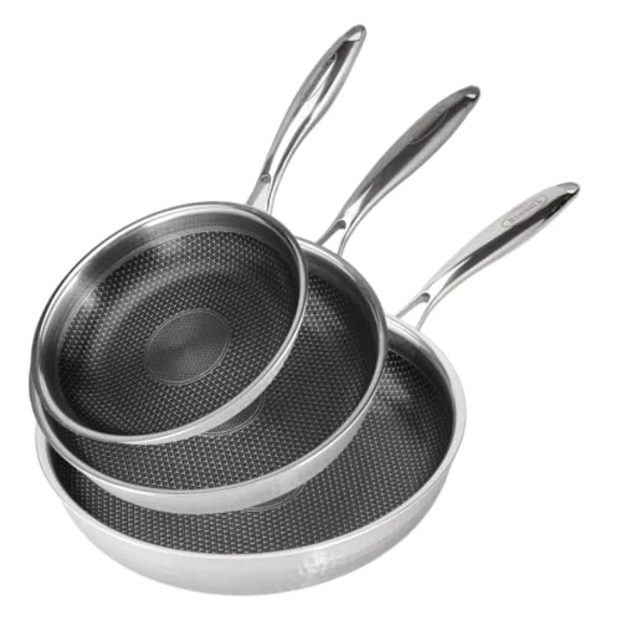 

Сковорода из нержавеющей стали с антипригарным покрытием, без ПФОК, для индукционных плит, можно мыть в посудомоечной машине и использовать в духовке