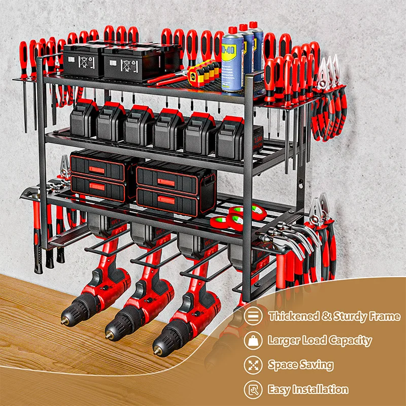 

Power Tool Organizer Drill Holder Wall Mounted Garage Tool Organizer and Storage Metal Drill Storage Rack 4-Tier Power Tool Orga