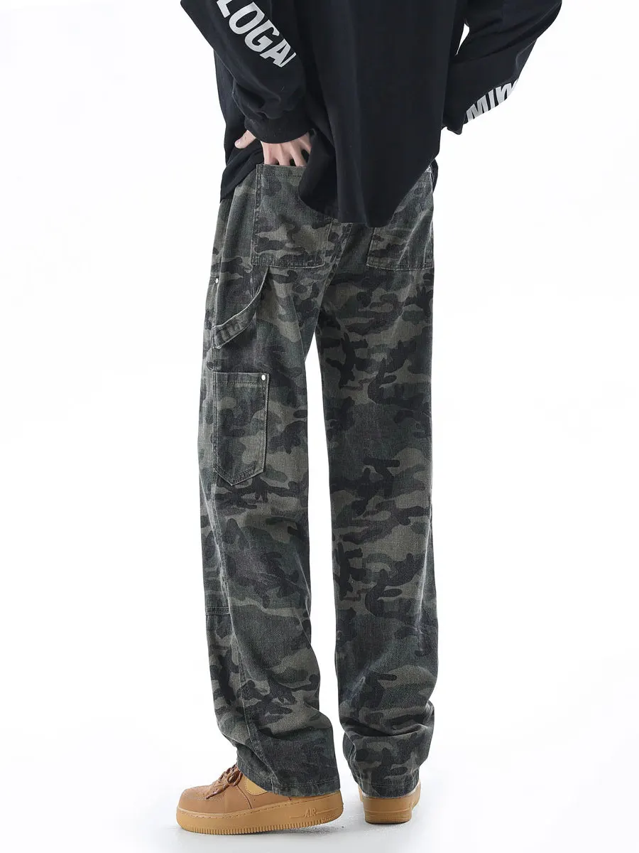 American High Street Camouflage Loose Fit Men's Jeans Spring Autumn Vintage Workwear Trousers Low Waist Button Closure Casual...