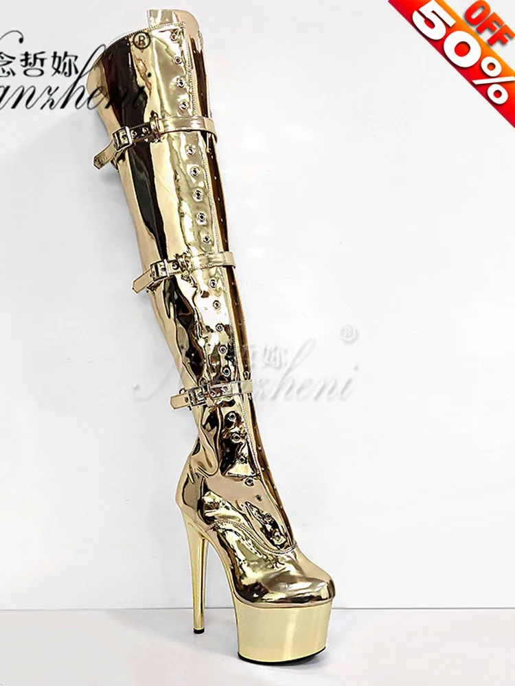 

Золотые ботинки на платформе 17 см для женщин, сексуальные туфли для стриптиза и танцев на пилоне с пряжкой, для ночных клубов, экзотических танцовщиц, фетиш-мод