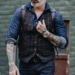 Men's Vintage Vest Suit Plaid Tweed Waistcoat Regular Wool Formal V Neck Fit Groom's Wear Suits Men's Wedding