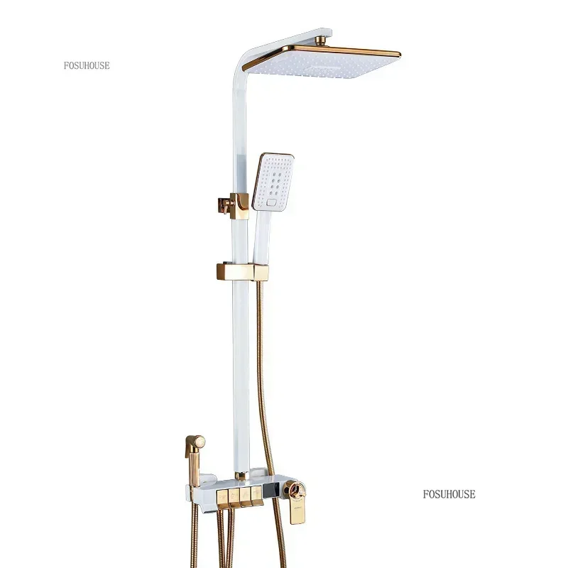 Nordic Smart Digital Display Bathroom Shower Set White Gold All Copper Faucet Hot and Cold Thermostat Rainfall Shower System p