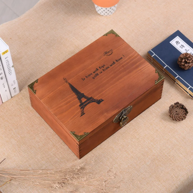 Vintage Flip Top Wooden Storage Box With Lock Desktop Jewelry Organizer Wooden Gift Packaging Chest