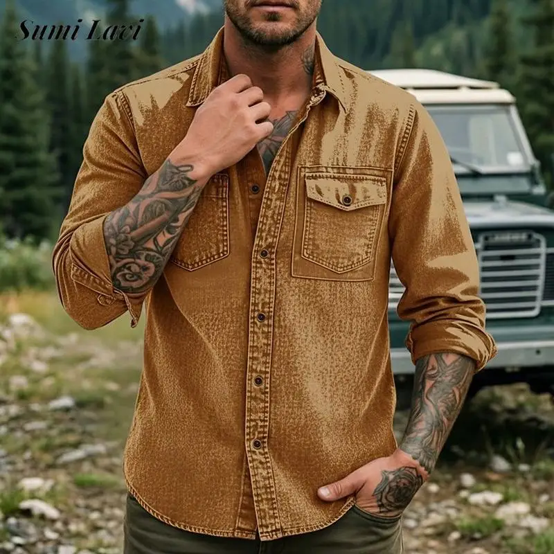 Fashionable Mens Cargo Shirts Vintage Long Sleeve Button-up Turn-down Collar Cardigan Tops 2026 Spring Daily Casual Men Shirt
