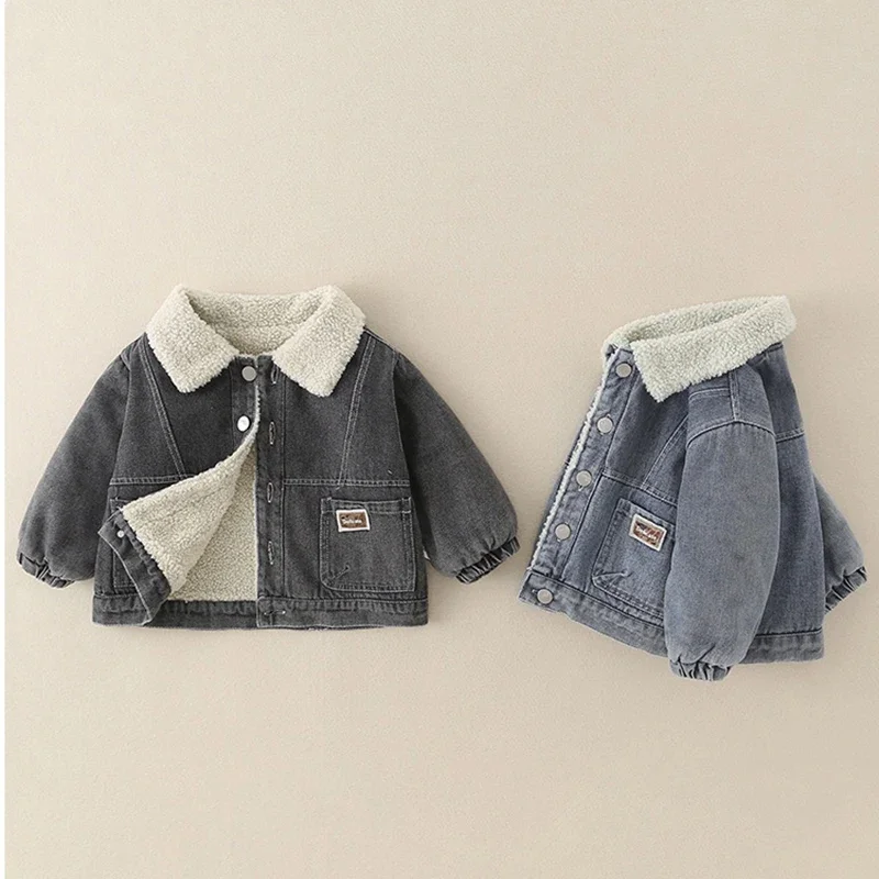 

Autumn Winter New Coat for Girls Boys Quilted Thickened Warm Boys Denim Lapel Outerwear Jacket