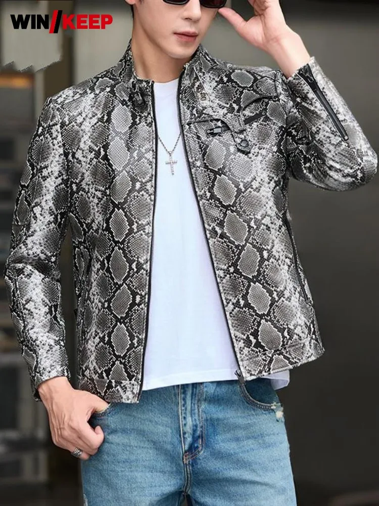 Youth Fashion Snake Pattern Zipper Genuine Leather Short Jacket Trendy Male Mix Color Long Sleeves Slim Sheepskin Outerwear