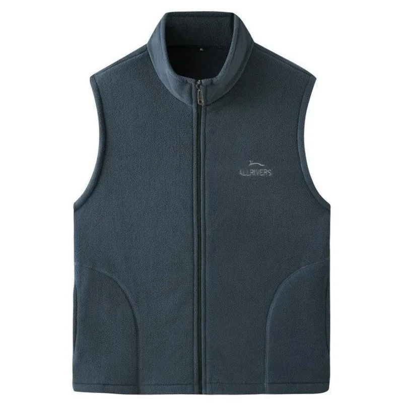 Men's Embroidery Vest Waistcoat Standing Collar Double-sided Fleece Warm Sleeveless Pocket Vest Outdoor Windproof Mens Jacket