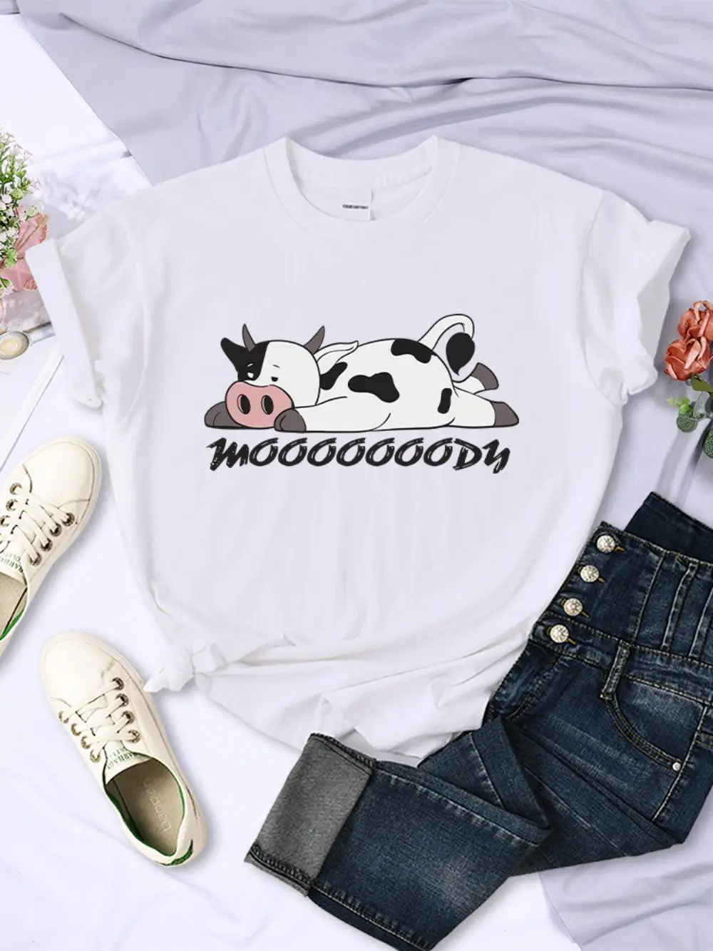 Summer Womans T-Shirts Kawaii Spotted Cow Printing Tee Shirts Breathable Soft O-Neck Short Sleeve Casual Cartoons Female Clothes