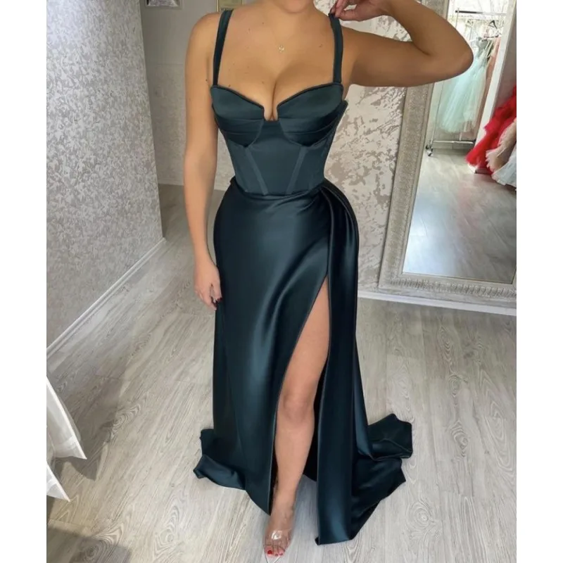 

Prom Dresses Dark Green V-Neck Straps Mermaid Sweep Train Side Slit Satin Prom Dresses Lace Up Back vestidos de fiesta de noche