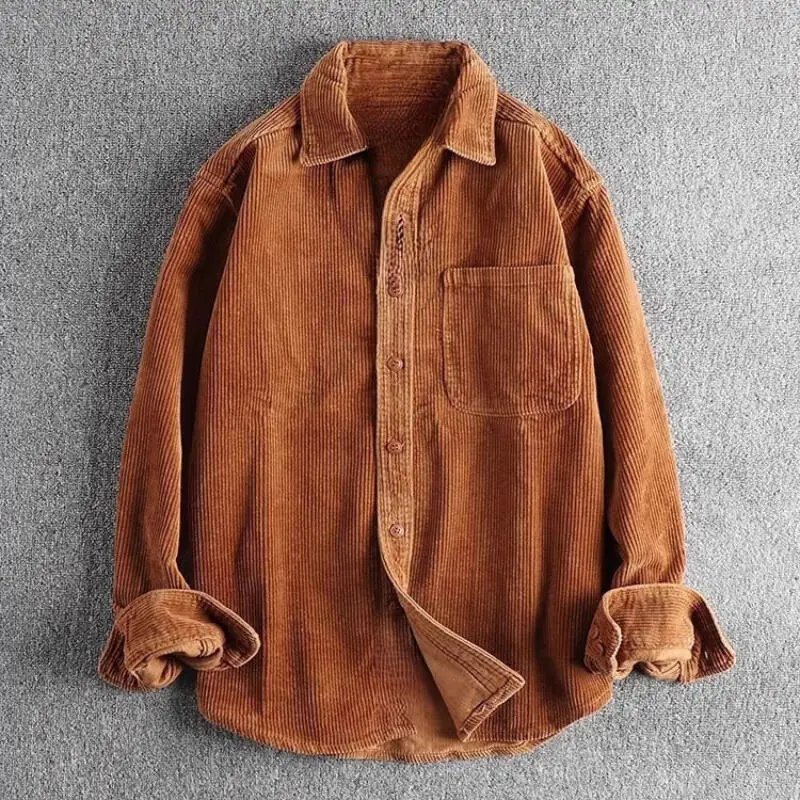 

Men's Casual Corduroy Long Sleeve Shirt Lapel Collar Button Up with Pocket Loose Fit Vintage Tops for Daily Wear Streetwear