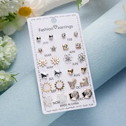 12Pairs Combination Stud Earrings Set Crystal Imitation Pearl Flower Heart Star Small Earring for Women Mix Style Month Jewelry